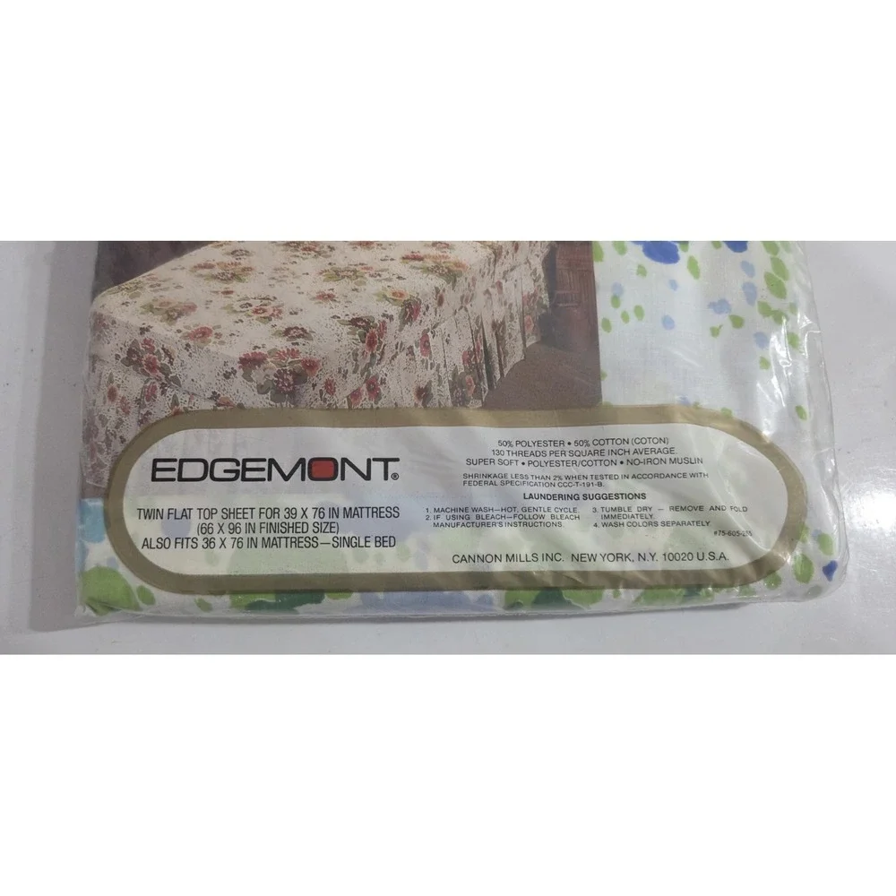Edgemont Blue Green Floral Twin Flat Sheet  Vintage Unopened